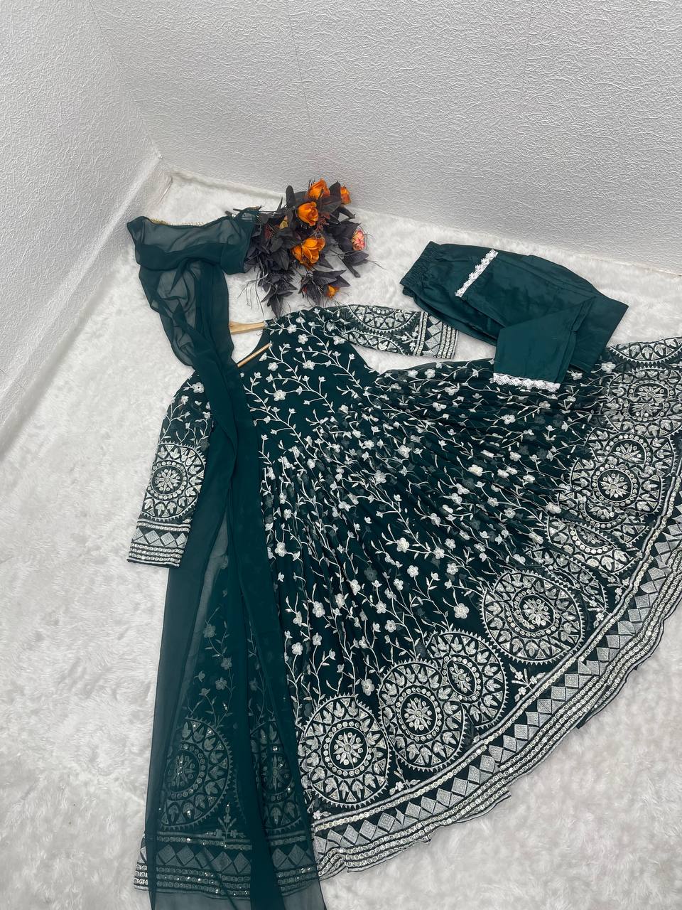 Designer Green Color Thread Work Gown Clothsvilla