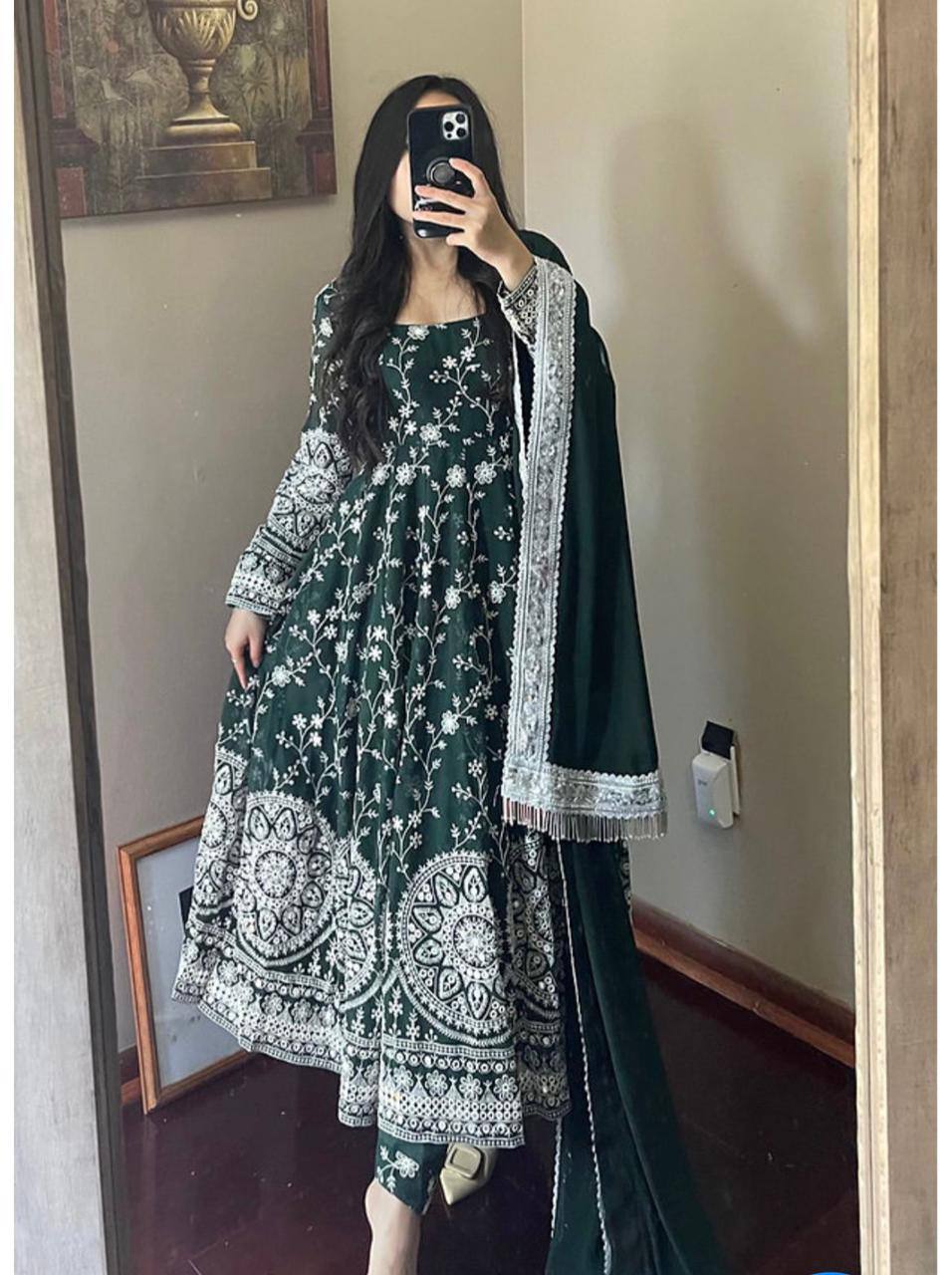 Designer Green Color Thread Work Gown Clothsvilla