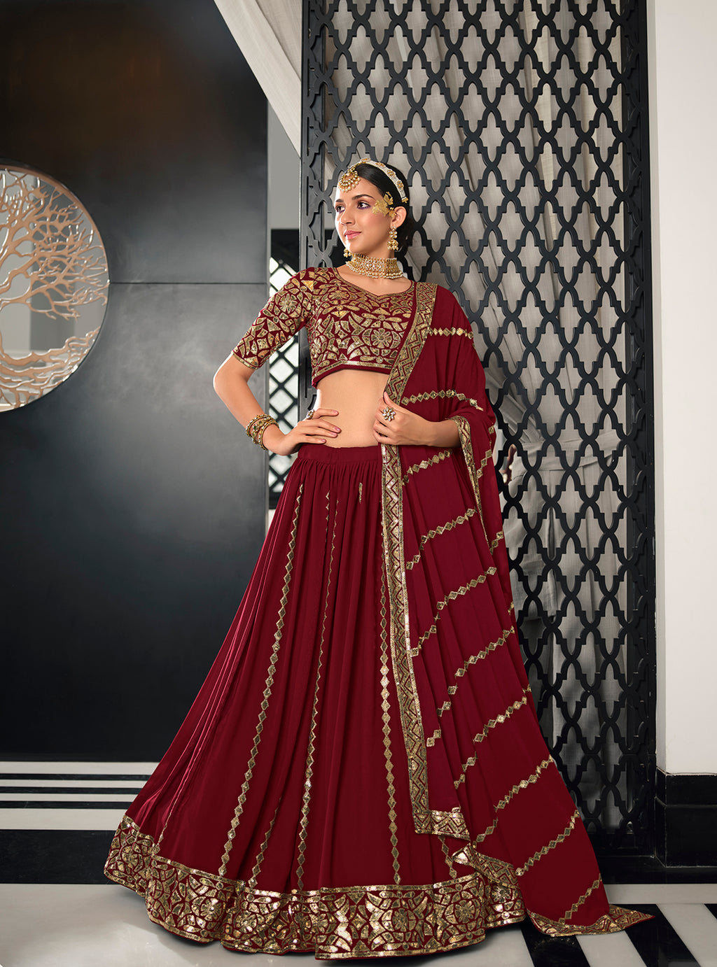 Designer Maroon Color Sequence Thread Work Lehenga Choli with Belt - ClothsVilla.com