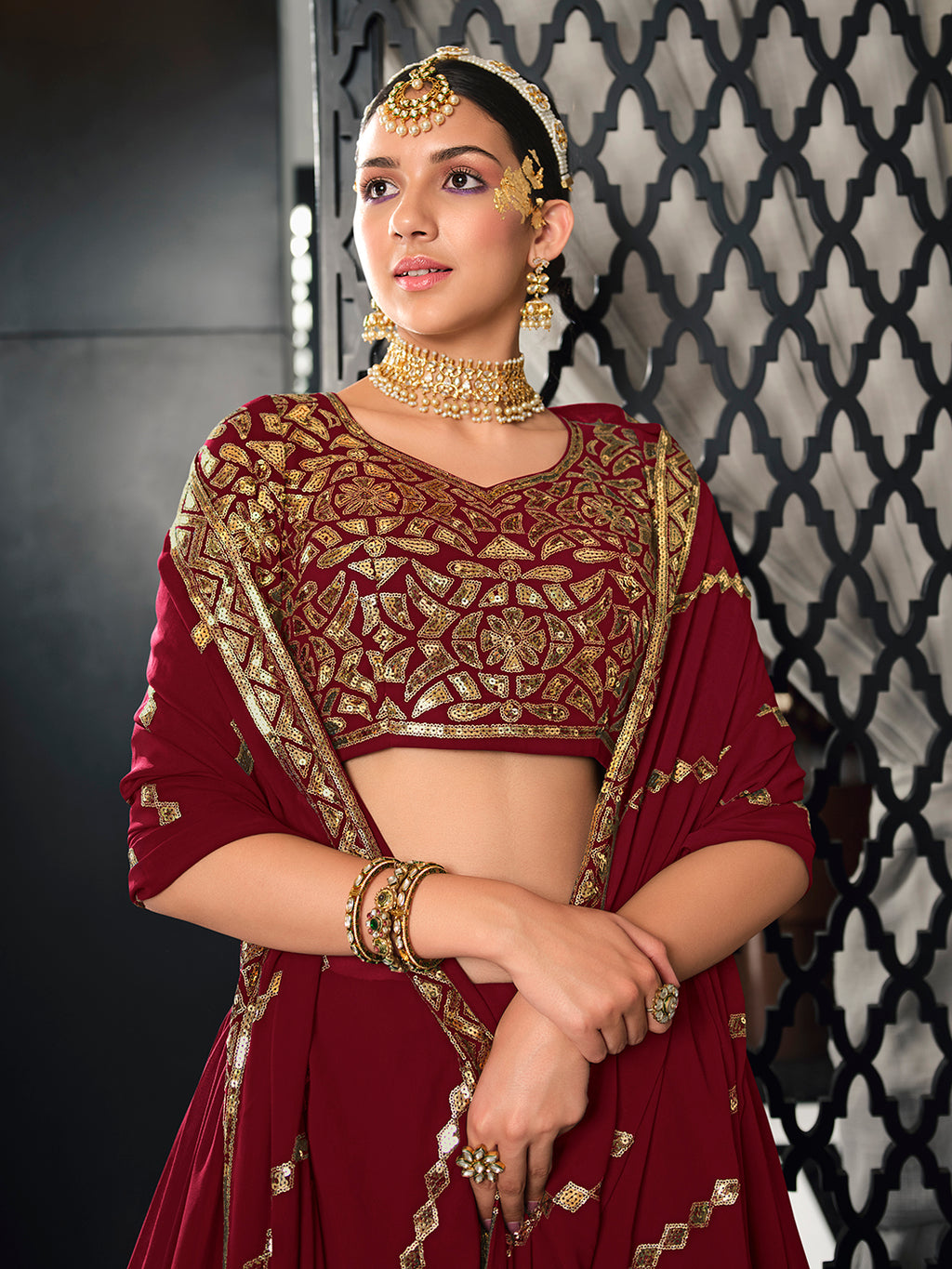 Designer Maroon Color Sequence Thread Work Lehenga Choli with Belt - ClothsVilla.com