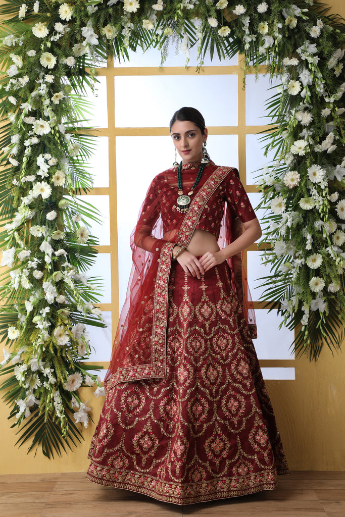 Pakistani Red and Maroon Bridal Lehenga with Embroidered Kurti Designs -