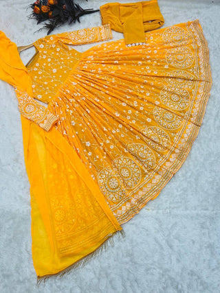 Designer Mustard Color Thread Work Gown Clothsvilla
