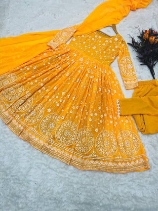 Designer Mustard Color Thread Work Gown Clothsvilla