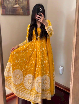 Designer Mustard Color Thread Work Gown Clothsvilla