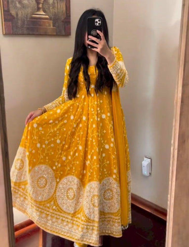 Designer Mustard Color Thread Work Gown Clothsvilla