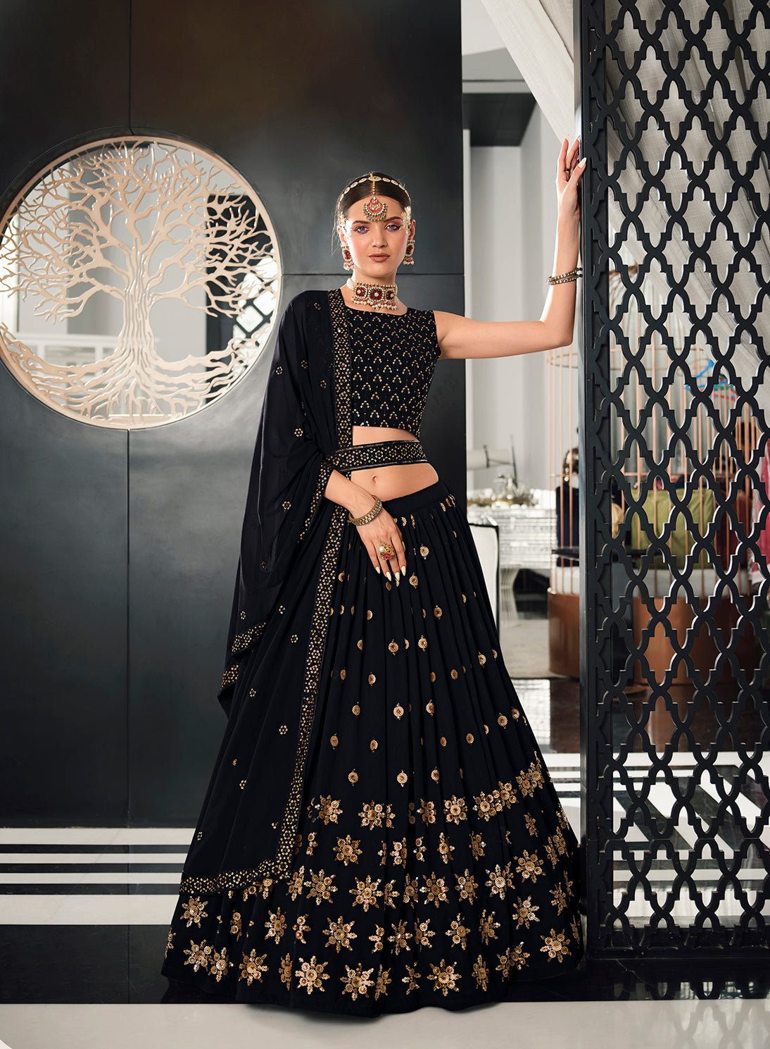 Designer Navy Blue Color Sequence Thread Work Lehenga Choli With Belt - ClothsVilla.com