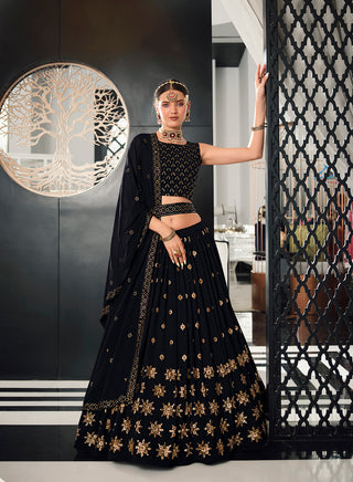 Designer Navy Blue Color Sequence Thread Work Lehenga Choli With Belt - ClothsVilla.com