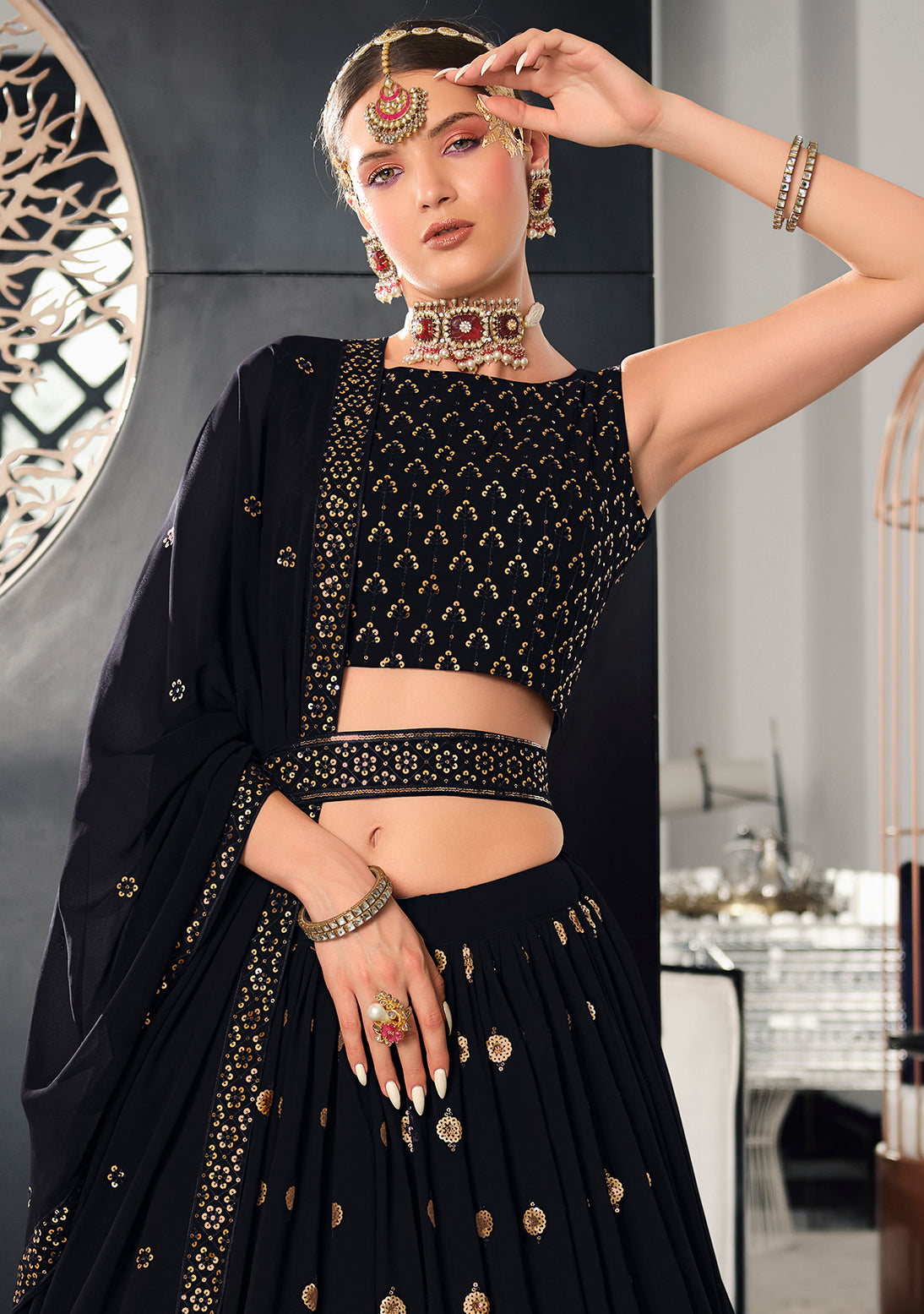 Designer Navy Blue Color Sequence Thread Work Lehenga Choli With Belt - ClothsVilla.com