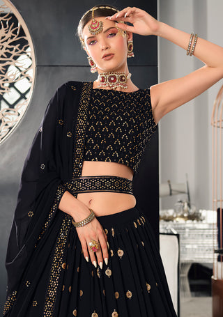 Designer Navy Blue Color Sequence Thread Work Lehenga Choli With Belt - ClothsVilla.com