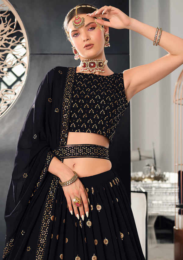 Designer Navy Blue Color Sequence Thread Work Lehenga Choli With Belt - ClothsVilla.com