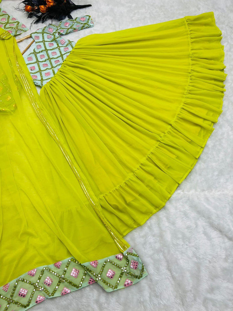 Designer Parrot Green Color Paper Mirror Work Gown Clothsvilla