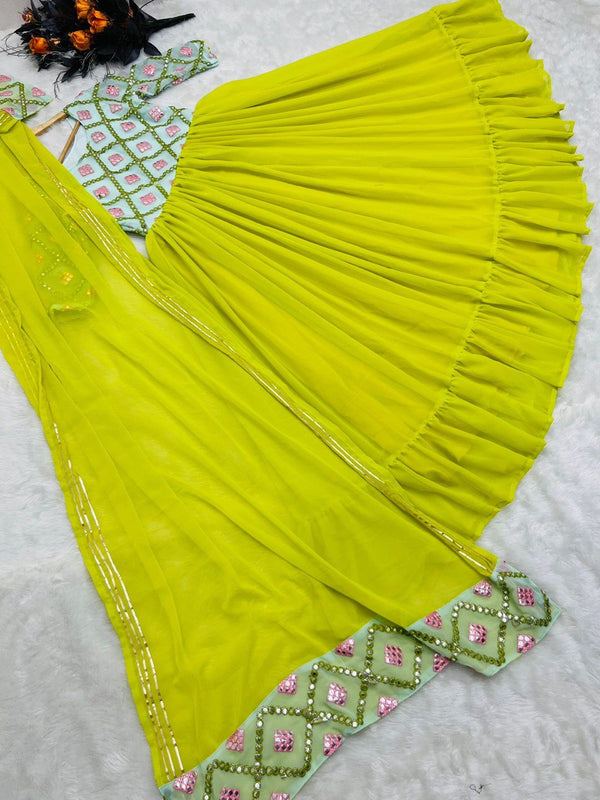 Designer Parrot Green Color Paper Mirror Work Gown Clothsvilla