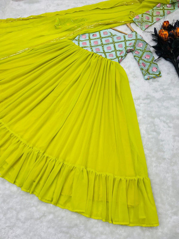 Designer Parrot Green Color Paper Mirror Work Gown Clothsvilla