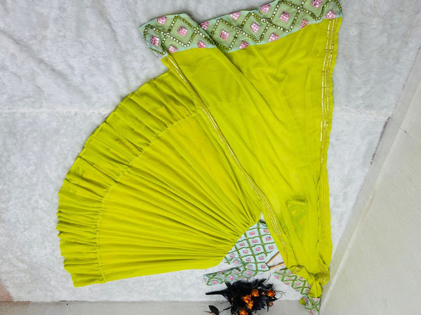 Designer Parrot Green Color Paper Mirror Work Gown Clothsvilla