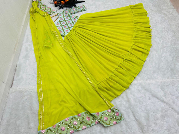 Designer Parrot Green Color Paper Mirror Work Gown Clothsvilla