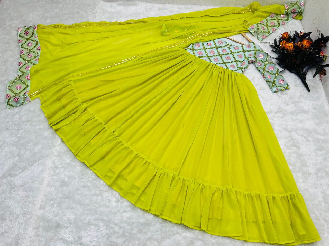 Designer Parrot Green Color Paper Mirror Work Gown Clothsvilla