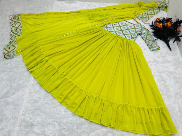 Designer Parrot Green Color Paper Mirror Work Gown Clothsvilla