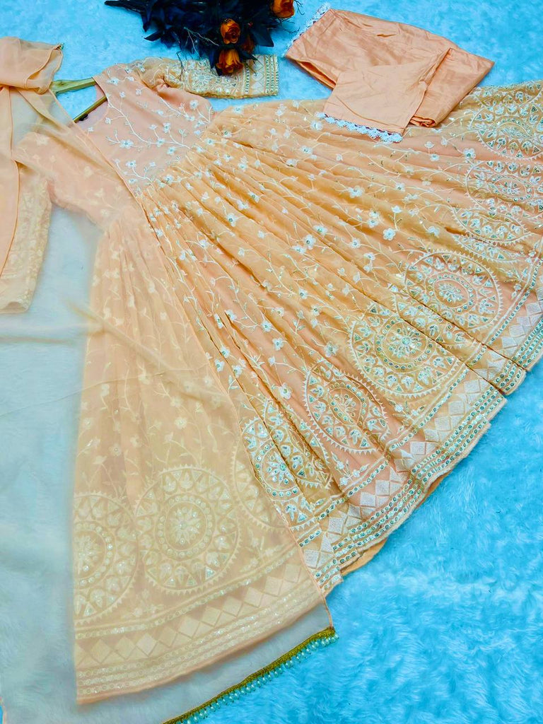 Designer Peach Color Thread Work Gown Clothsvilla