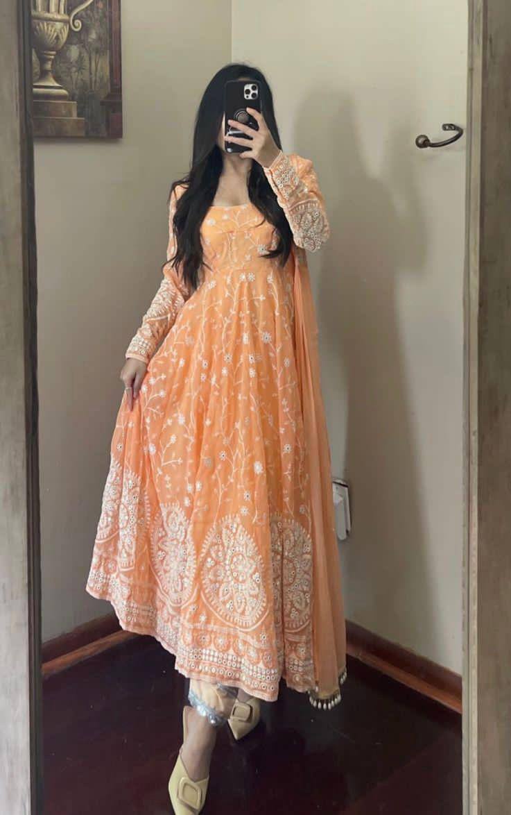 Designer Peach Color Thread Work Gown Clothsvilla