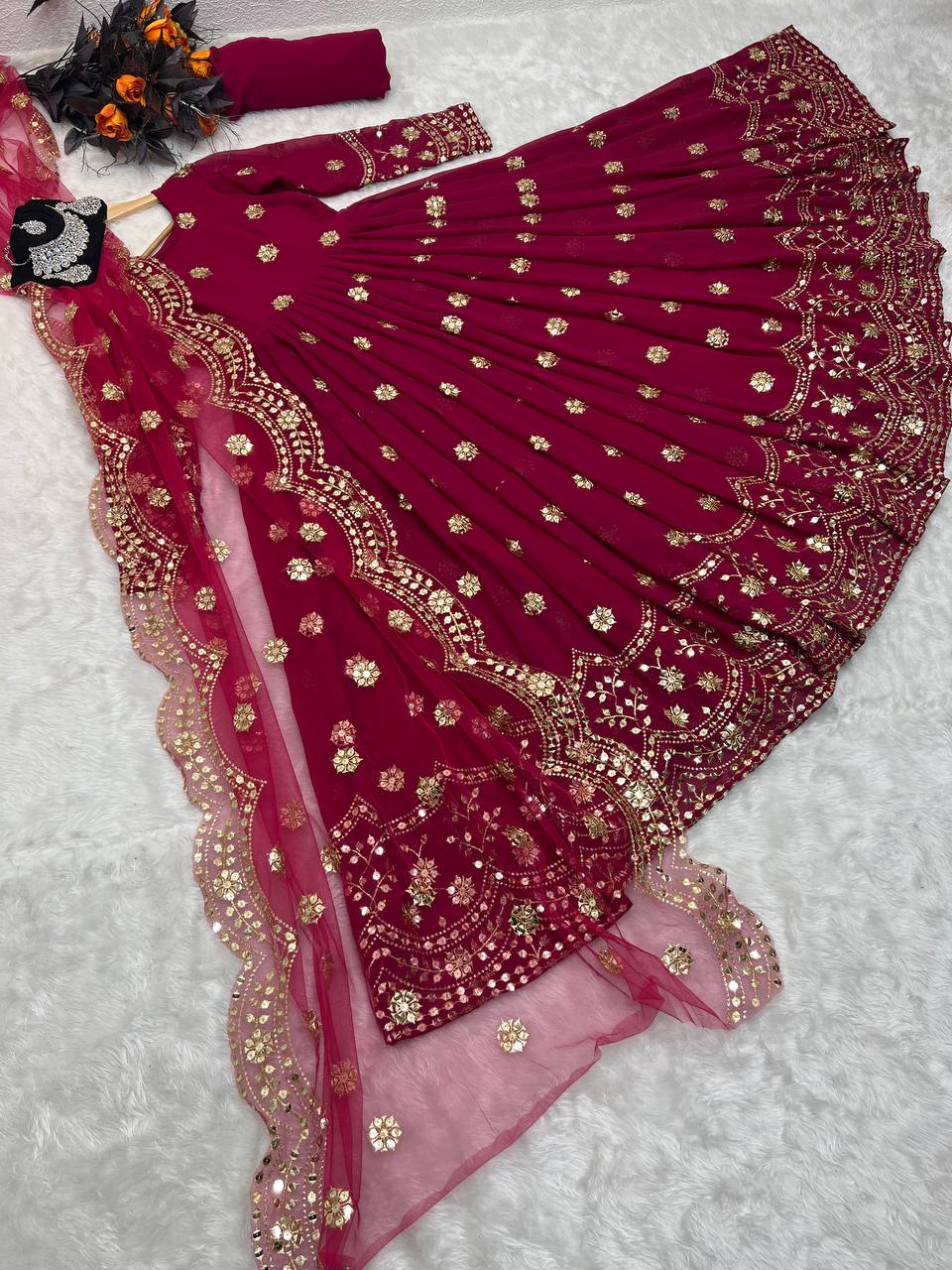 Designer Pink Color Embroidery Sequence Work Gown Clothsvilla