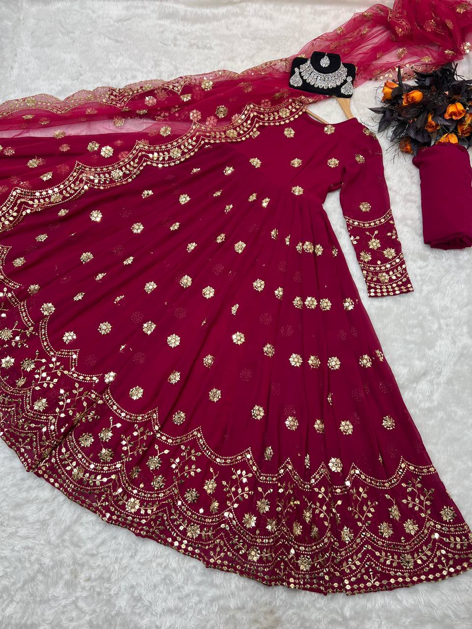 Designer Pink Color Embroidery Sequence Work Gown Clothsvilla