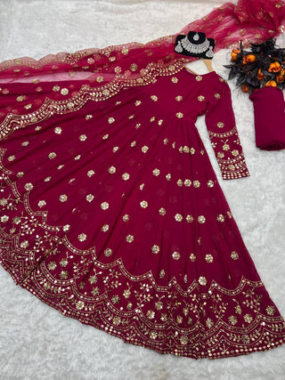 Designer Pink Color Embroidery Sequence Work Gown Clothsvilla