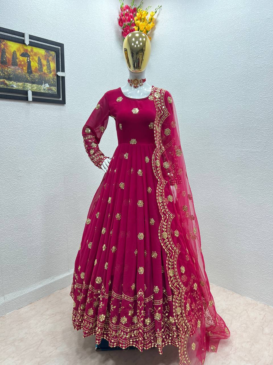 Designer Pink Color Embroidery Sequence Work Gown Clothsvilla