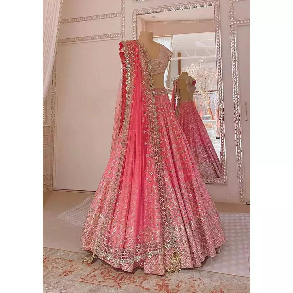 Designer Pink Mouch Silk Lehenga Choli with Mirror Work ClothsVilla