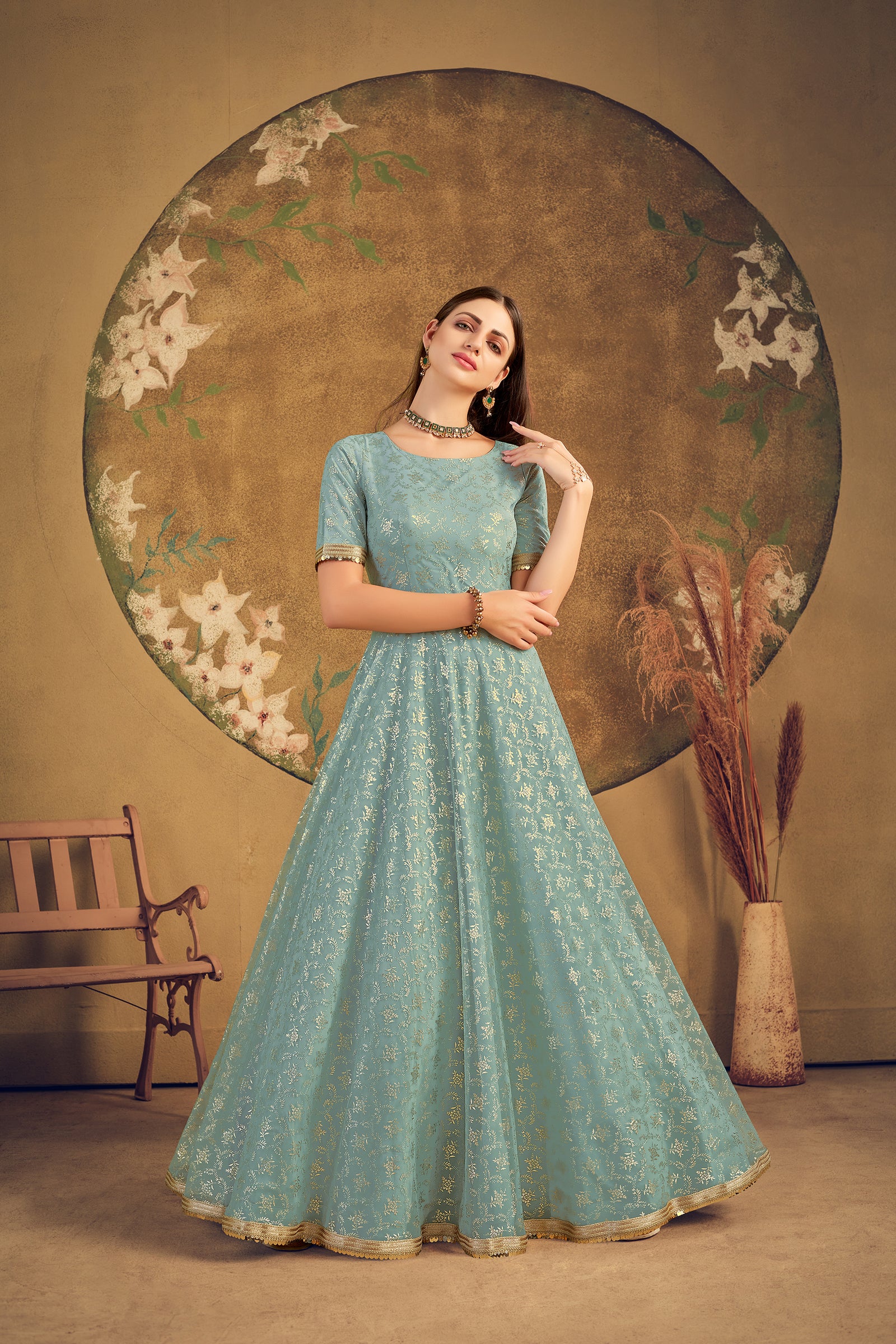 Designer Pista Green Net Foil Work Festival Wedding Party Wear Designer Gown ClothsVilla
