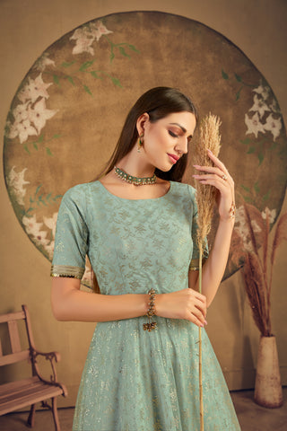 Designer Pista Green Net Foil Work Festival Wedding Party Wear Designer Gown ClothsVilla