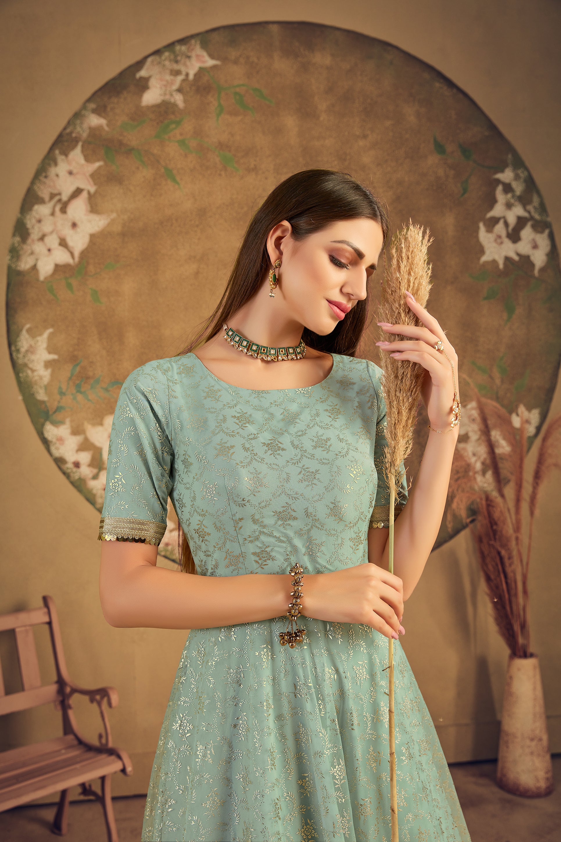 Designer Pista Green Net Foil Work Festival Wedding Party Wear Designer Gown ClothsVilla