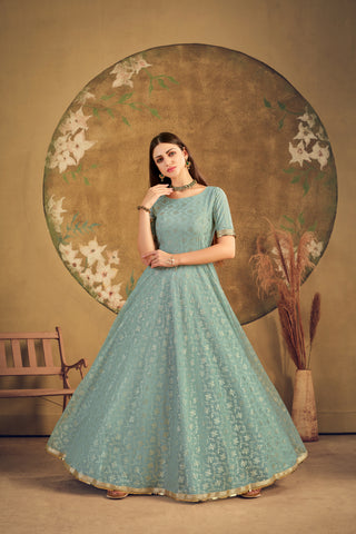 Designer Pista Green Net Foil Work Festival Wedding Party Wear Designer Gown ClothsVilla