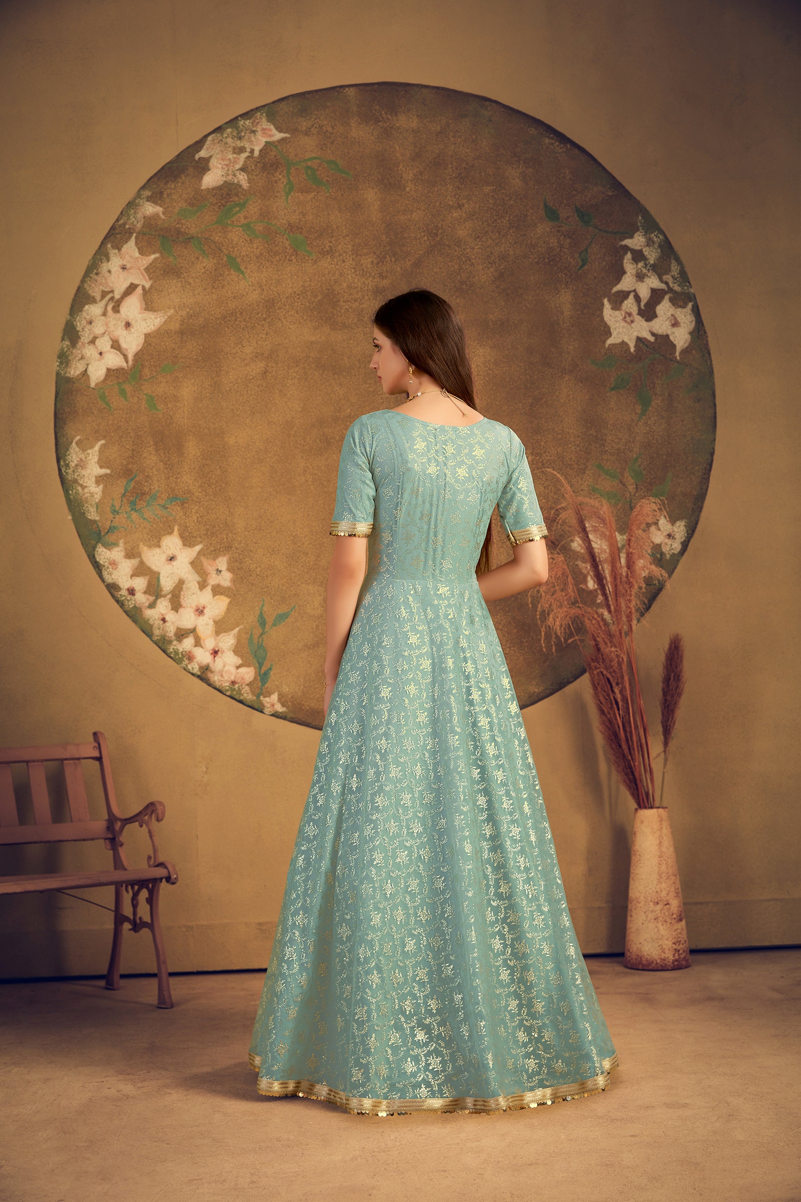 Designer Pista Green Net Foil Work Festival Wedding Party Wear Designer Gown ClothsVilla