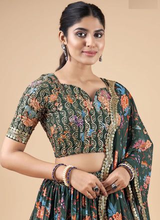 Green Designer Printed Faux Georgette Sequins Embroidery Work Lehenga Choli Clothsvilla