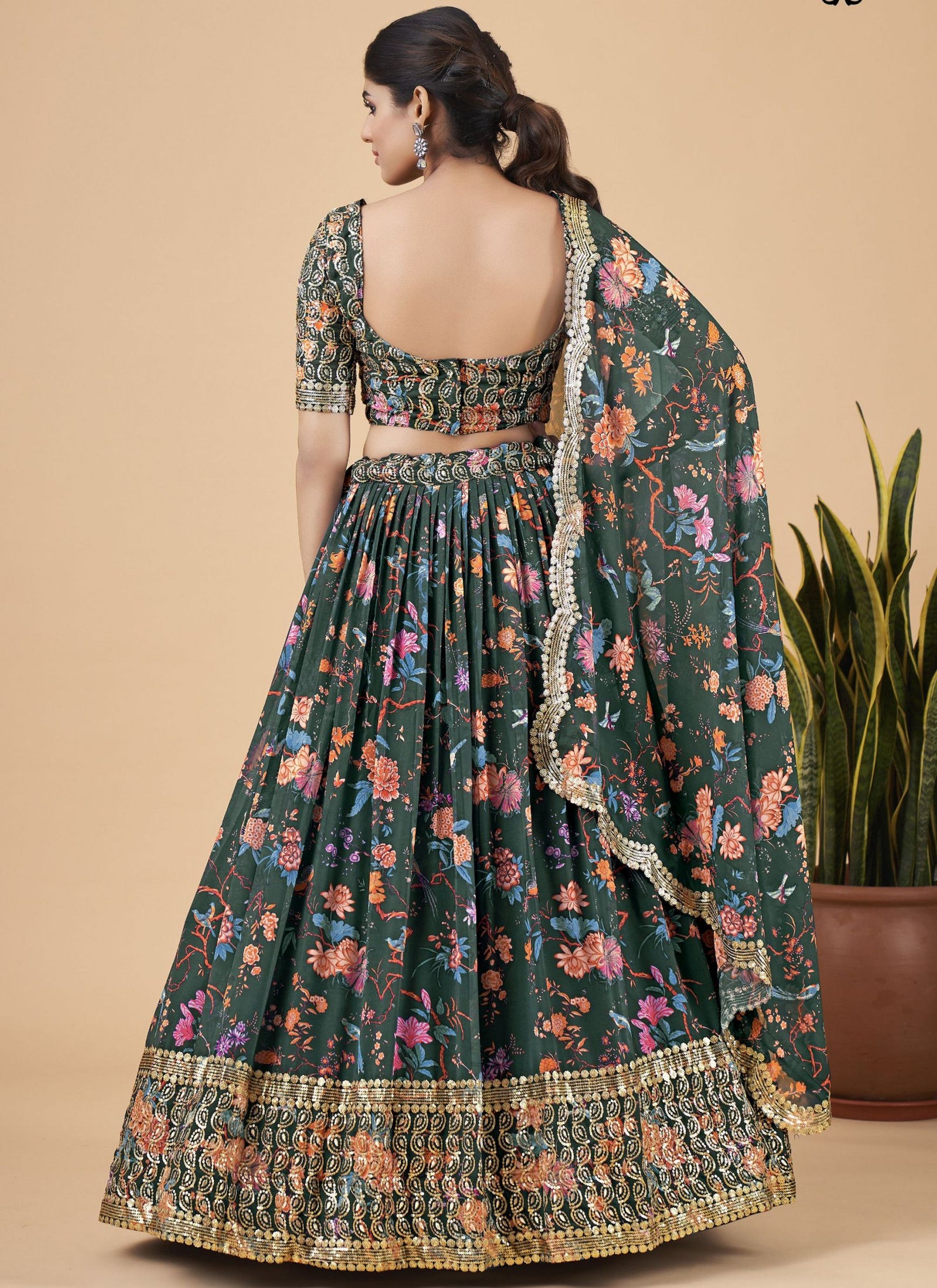 Green Designer Printed Faux Georgette Sequins Embroidery Work Lehenga Choli Clothsvilla