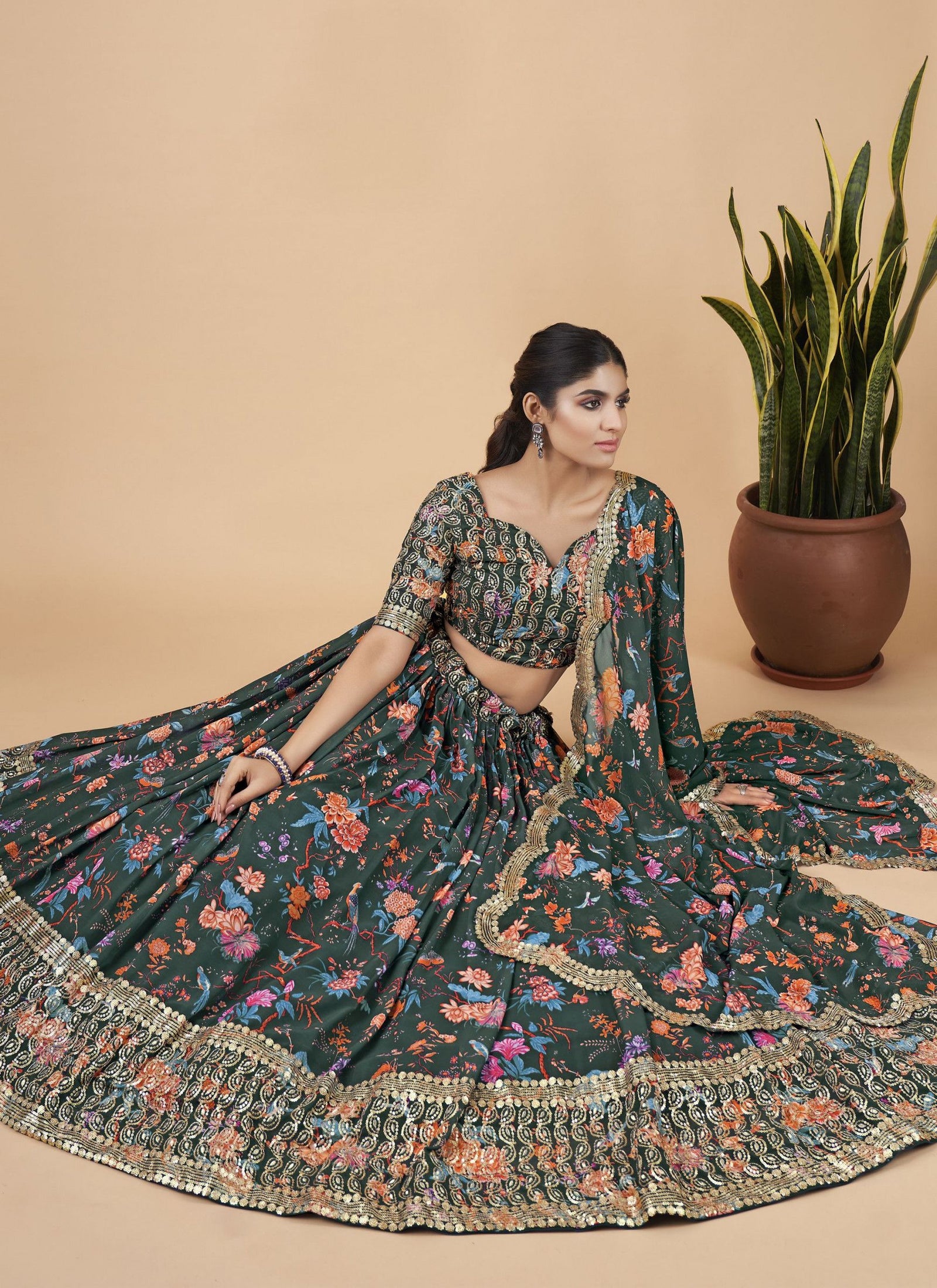Green Designer Printed Faux Georgette Sequins Embroidery Work Lehenga Choli Clothsvilla