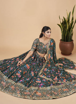 Green Designer Printed Faux Georgette Sequins Embroidery Work Lehenga Choli Clothsvilla