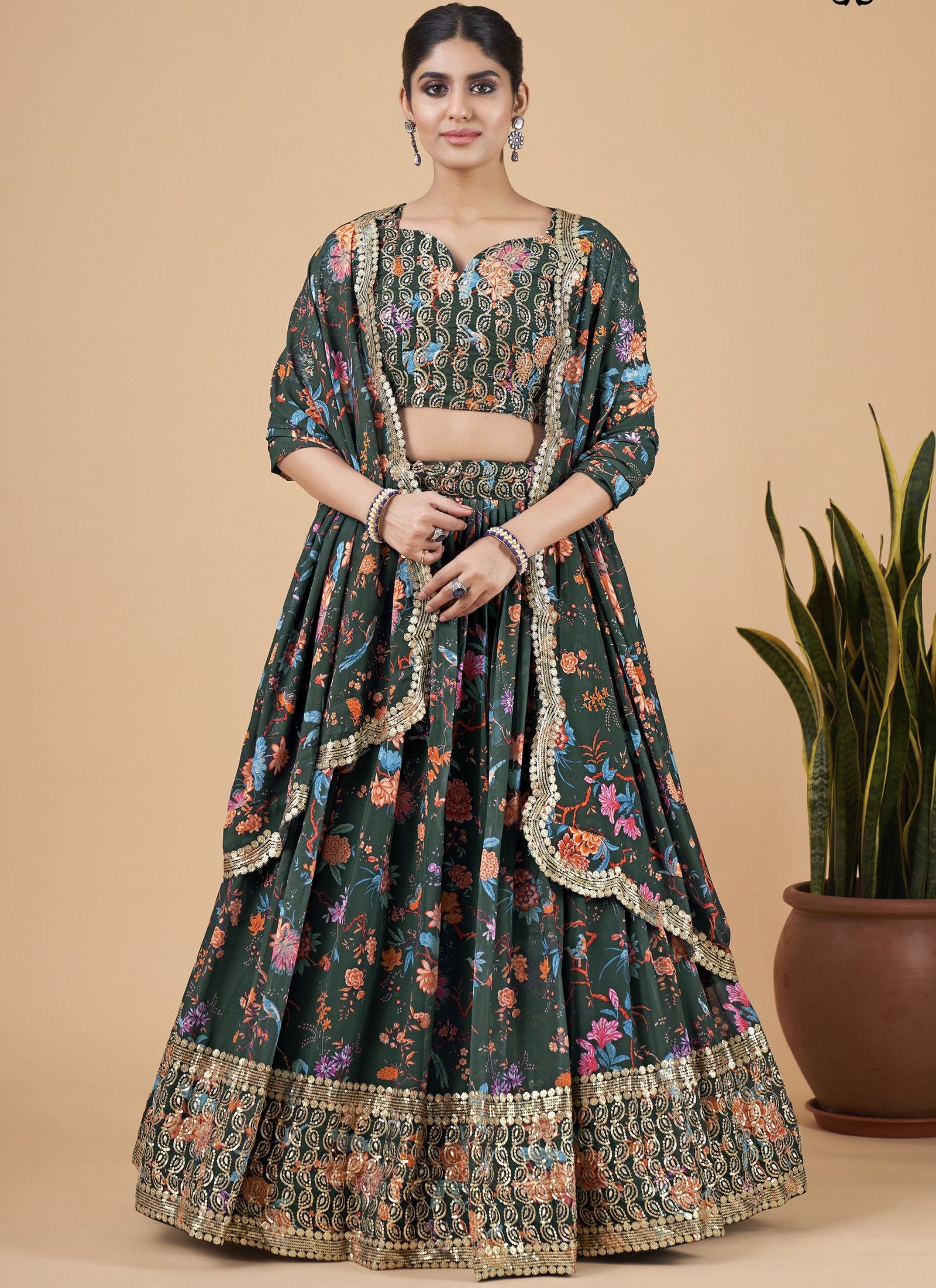 Green Designer Printed Faux Georgette Sequins Embroidery Work Lehenga Choli Clothsvilla