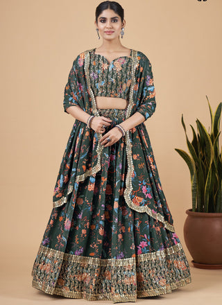 Green Designer Printed Faux Georgette Sequins Embroidery Work Lehenga Choli Clothsvilla