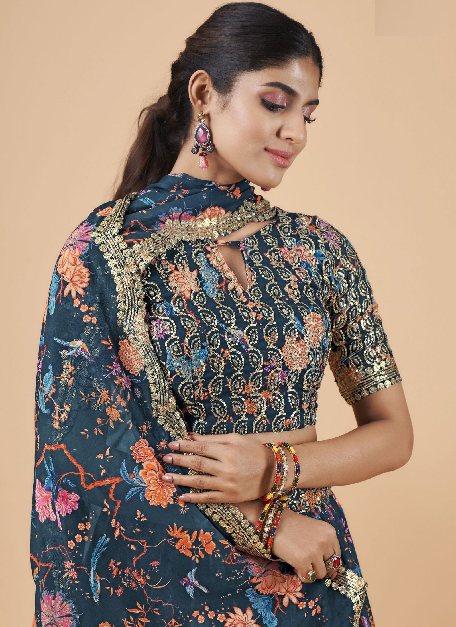 Teal Blue Designer Printed Faux Georgette Sequins Embroidery Work Lehenga Choli Clothsvilla