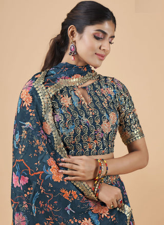 Teal Blue Designer Printed Faux Georgette Sequins Embroidery Work Lehenga Choli Clothsvilla