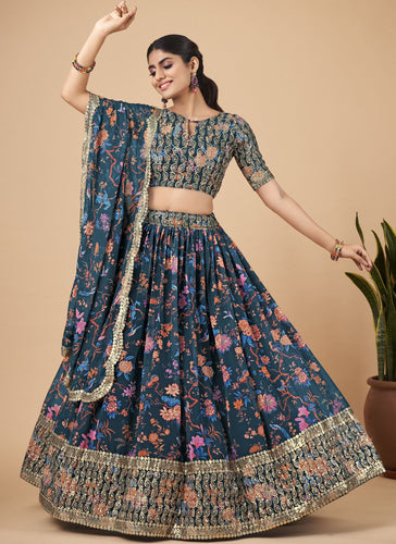 Teal Blue Designer Printed Faux Georgette Sequins Embroidery Work Lehenga Choli Clothsvilla