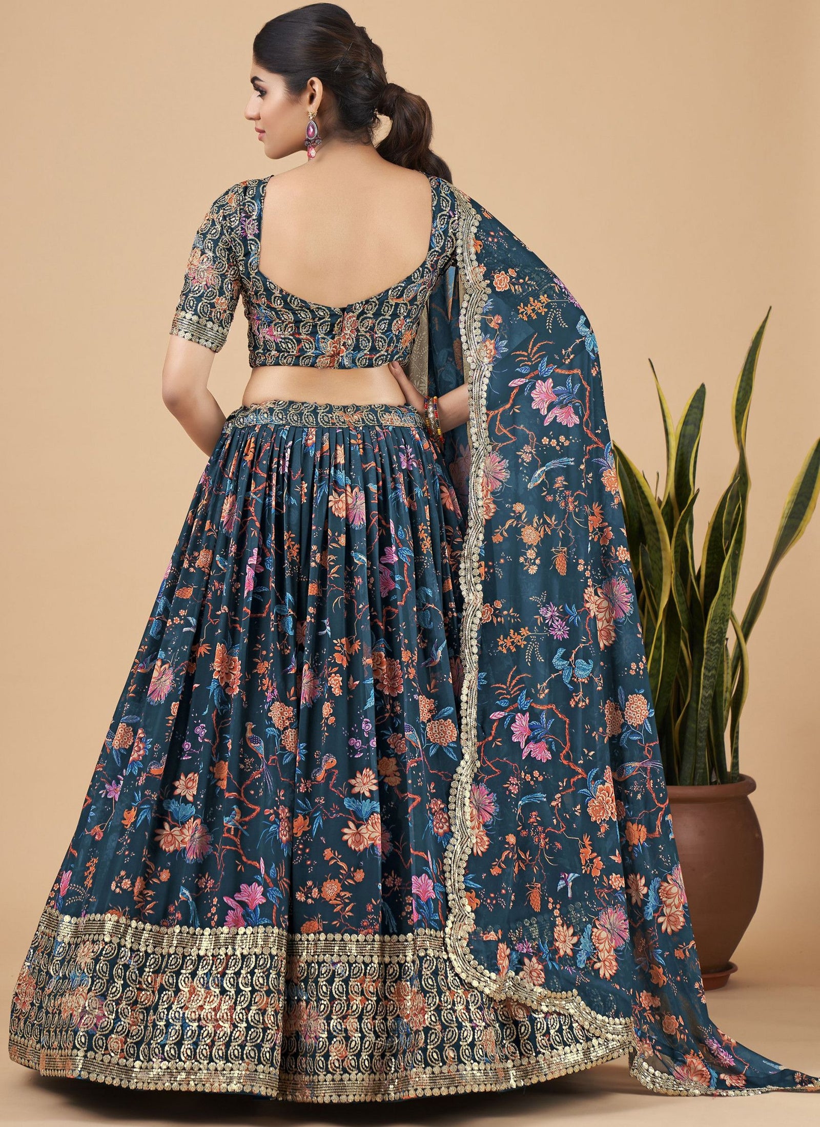 Teal Blue Designer Printed Faux Georgette Sequins Embroidery Work Lehenga Choli Clothsvilla