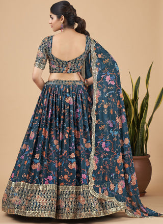 Teal Blue Designer Printed Faux Georgette Sequins Embroidery Work Lehenga Choli Clothsvilla