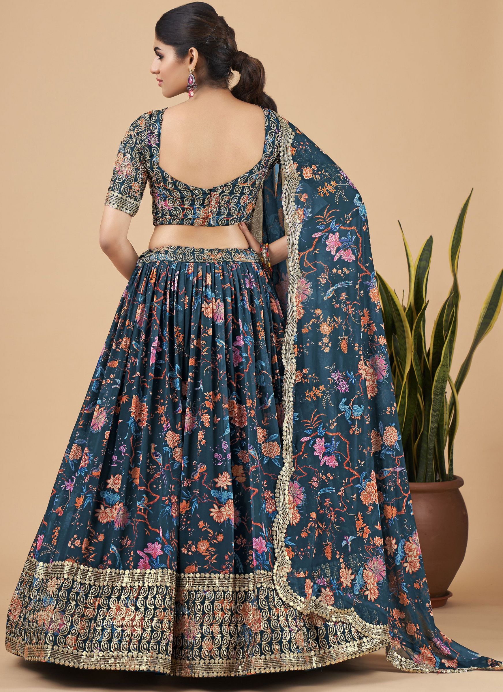 Teal Blue Designer Printed Faux Georgette Sequins Embroidery Work Lehenga Choli Clothsvilla
