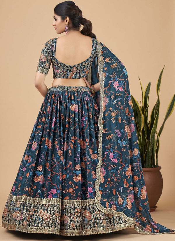 Teal Blue Designer Printed Faux Georgette Sequins Embroidery Work Lehenga Choli Clothsvilla