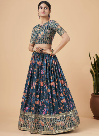Teal Blue Designer Printed Faux Georgette Sequins Embroidery Work Lehenga Choli Clothsvilla