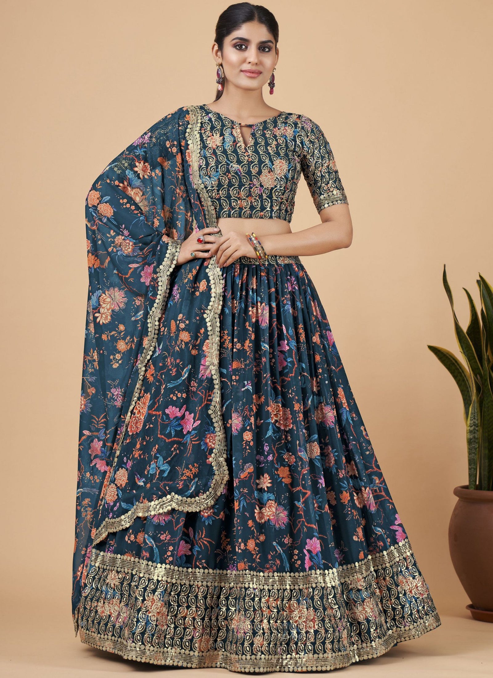 Teal Blue Designer Printed Faux Georgette Sequins Embroidery Work Lehenga Choli Clothsvilla