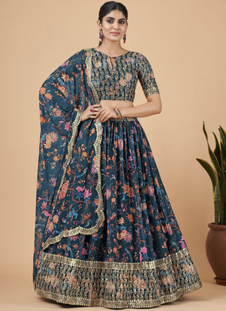 Teal Blue Designer Printed Faux Georgette Sequins Embroidery Work Lehenga Choli Clothsvilla