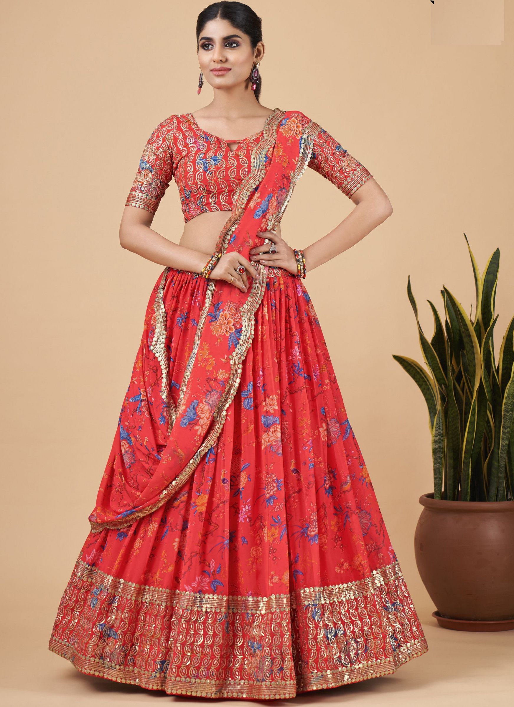 Bright Red Designer Printed Faux Georgette Sequins Embroidery Work Lehenga Choli Clothsvilla Main image